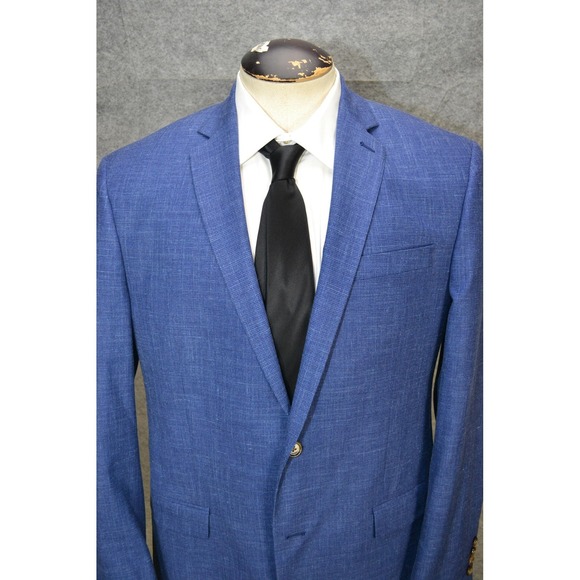 Ralph Lauren Sport Coat Men 44L Blue Texture Check Silk Linen Wool Blazer Jacket